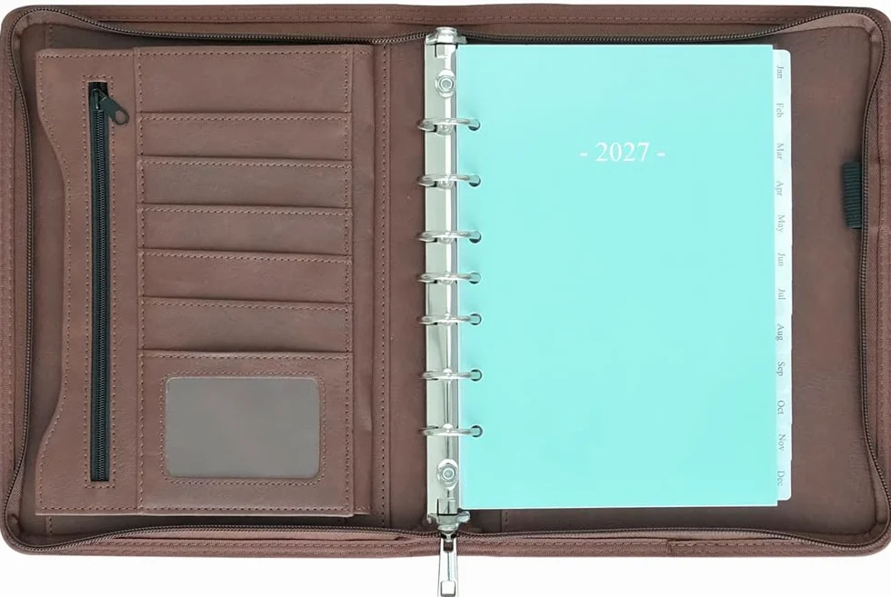 Fan&Ran 2026 Terminplaner mit Reißverschluss, 7-Ring-Mini-Binder mit Wocheneinlagen (Jan – Dezember 2026), Schreibtischgröße, Vintagebraun