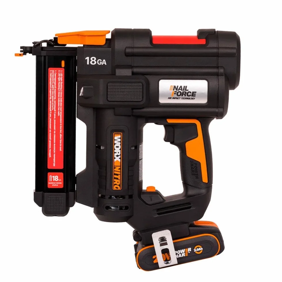 WORX Kabelloser Tacker 20 V WX844, Ladegerät 100 Stück, 18 Ga, Heftklammern 10/40 mm, 2 Schussmodi, Entriegelung ohne Werkzeug, verstellbar, Lieferung mit 1 Akku 2 Ah, Schnellladegerät und 200