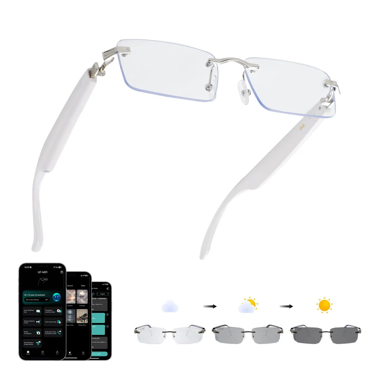 GenXenon AI Smart Brille, Photochrome Smart Glasses mit Offenen Audio | Echtzeit-Übersetzer für 164 Sprachen, Musik & Freisprechen, KI Brille für Reisen/Arbeit/Studium (Weiß)