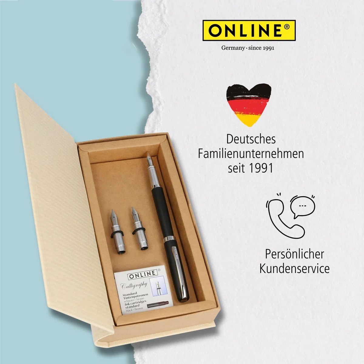 Online Eleganza Kalligrafie Set, Schönschreibfüller mit 3 Federn in den Strichstärken 0,8/1,4/1,8 mm, Kalligrafie Füller Geschenkset, inklusive Tintenpatronen schwarz/braun, Geschenkverpackt