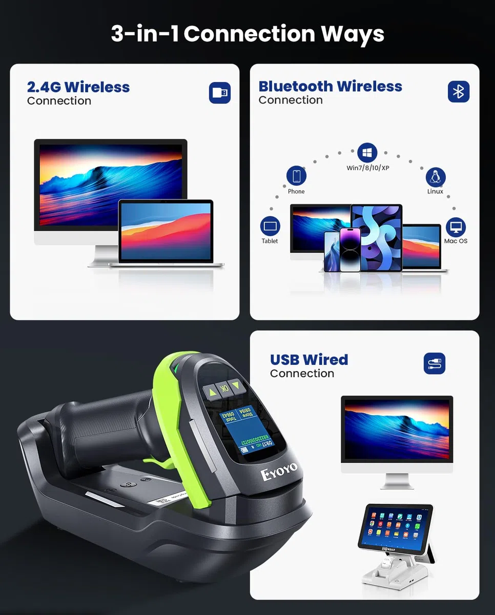 Eyoyo Barcode-Scanner kabellos mit Bildschirm: Pro 1D 2D QR Bluetooth-Scanner, Wandhalterung mit Ladestation und Verriegelung, 2900 mAh austauschbarer Akku, 1,44-Zoll-LCD-Tastatur