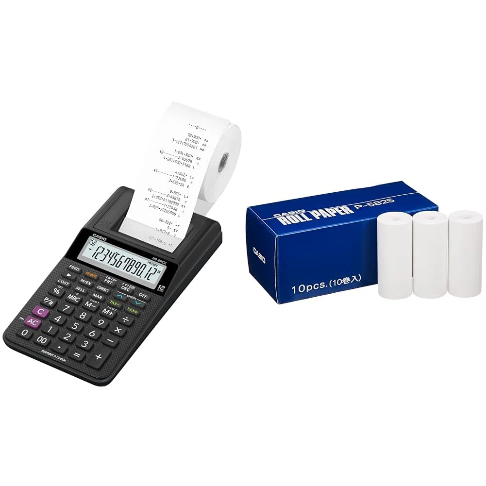 CASIO Druckender Tischrechner HR-8RCE, 12-stellig, Wiederholungsdruck, Cost/Sell/Margin & P-5825-E Papier Rechenmaschine innenliegende Papierrolle geeignet HR-8TEC und HR-8RCE druckenden Rechner