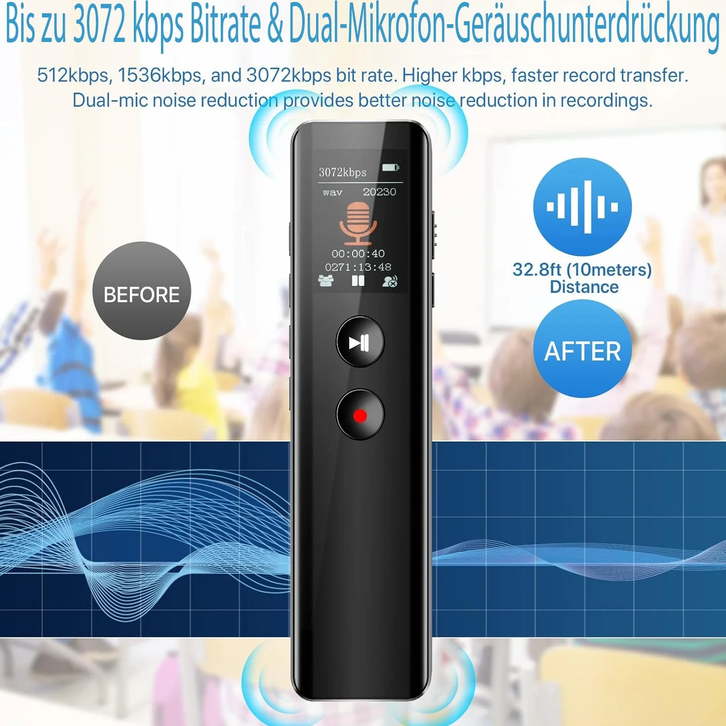 128GB Digitales Diktiergerät mit Wiedergabe,KI Geräuschunterdrückung, Sprachaktivierung, MP3-Player, Passwortschutz, USB-C, Bluetooth-Anrufaufnahme, für Vorlesungen,Meetings,Interviews