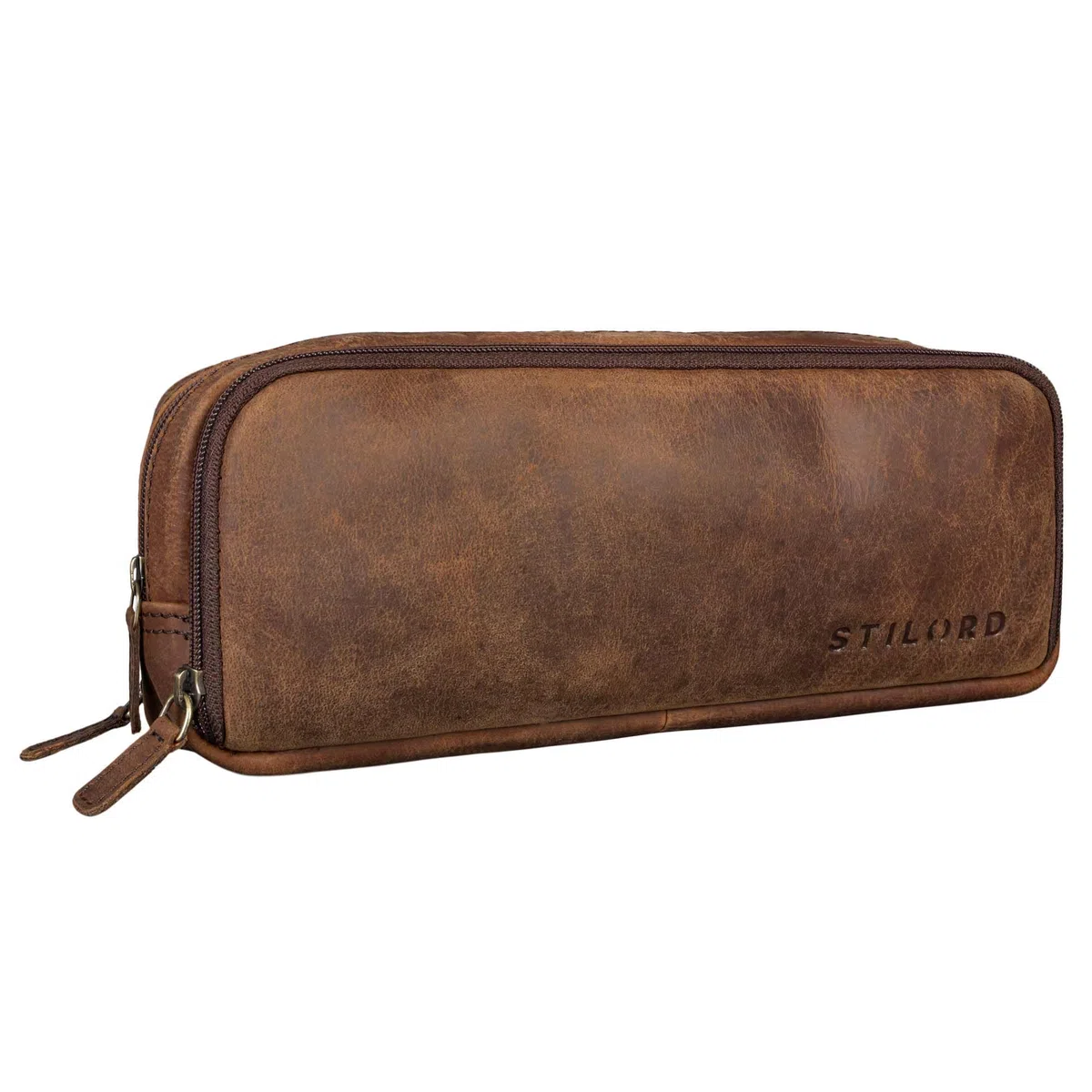 STILORD 'Flo' Leder Federmäppchen Groß echtes Rindsleder Mäppchen Vintage Pencil Case Stifte-Etui Retro Schlampermäppchen mit 3 Reißverschlüssen, Farbe:Zamora - braun