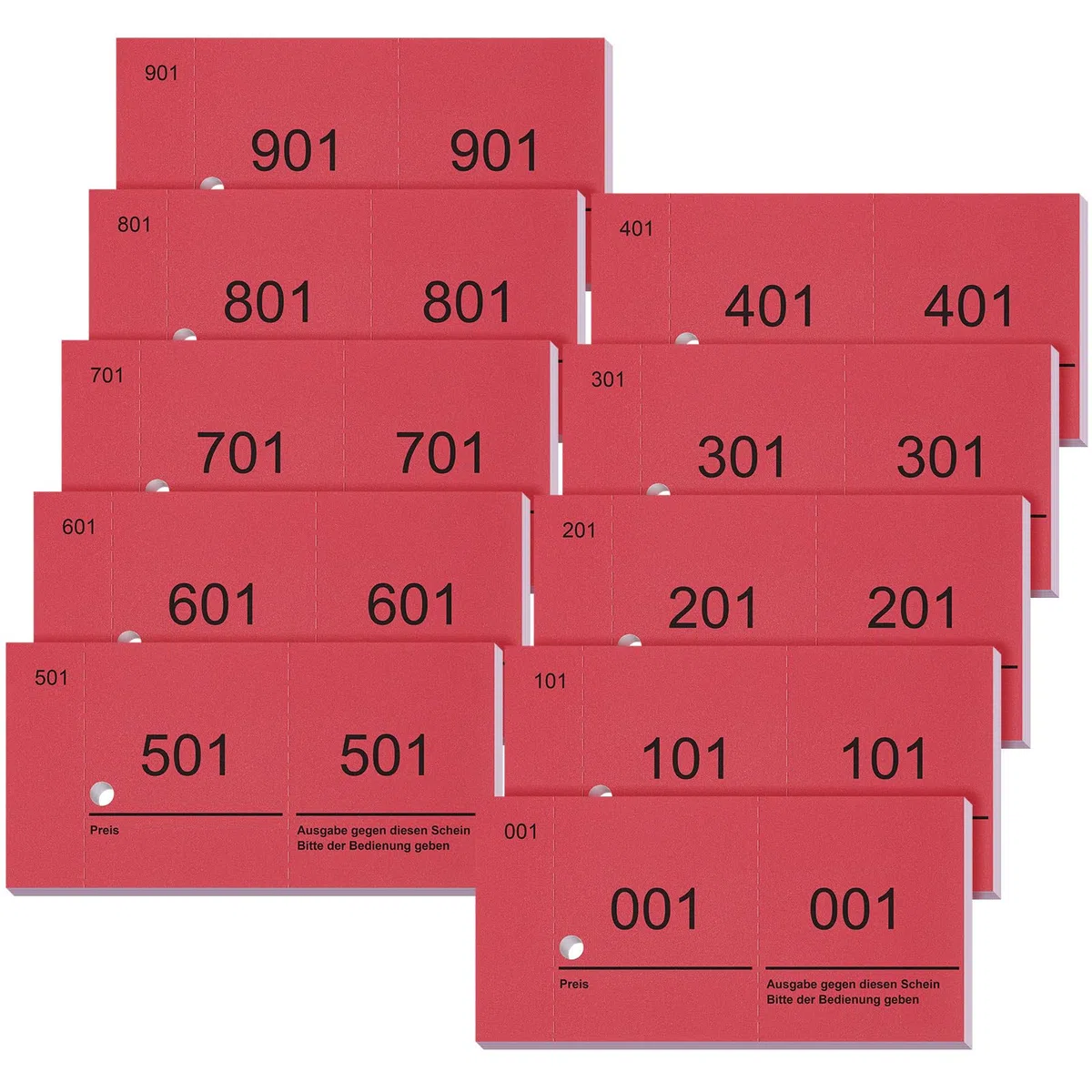 Nezyo Doppelnummern Blöcke 1-1000 Nummernblöcke Lose Nummeriert Garderobenmarken Großpackung Zahlenblöcke für Garderobe Events Party Messen, 10 x 5 cm(Rot)