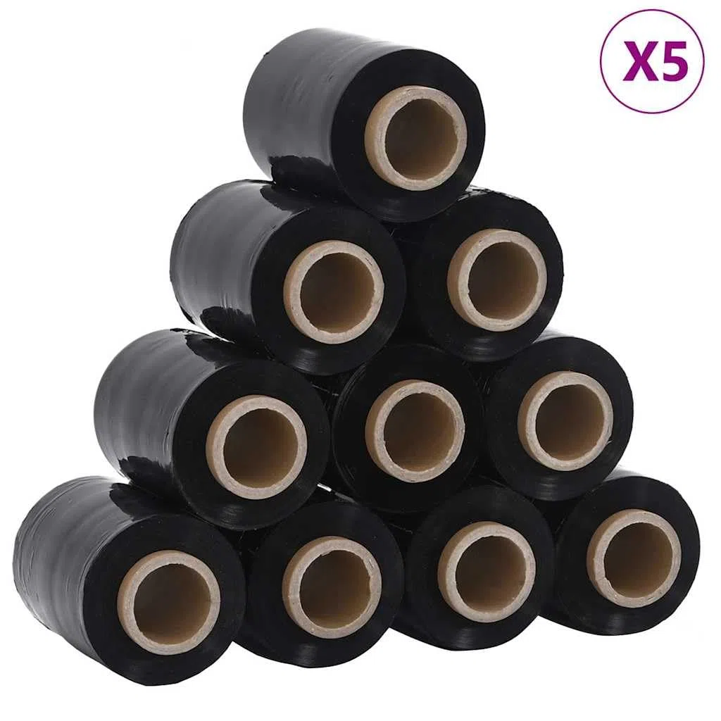 PE Stretchfolie Schwarz 23 μm 10 cm x 150 m, 50 Stück Stretchfolien mit Griff, strapazierfähige Verpackungsfolie aus Polyethylen für Schutz vor Staub und Schmutz bei Lagerung