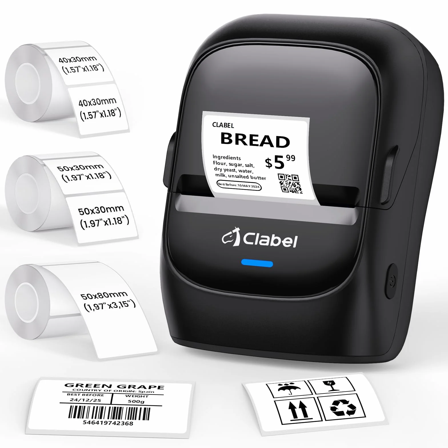 CLABEL 221B Etikettendrucker Selbstklebend mit 3 Rolle Etiketten Thermo Bluetooth Mini Label Drucker Tragbar Etikettiergerät Kompatibel mit Handy & PC für Preisschilder Barcode Büro Adresse