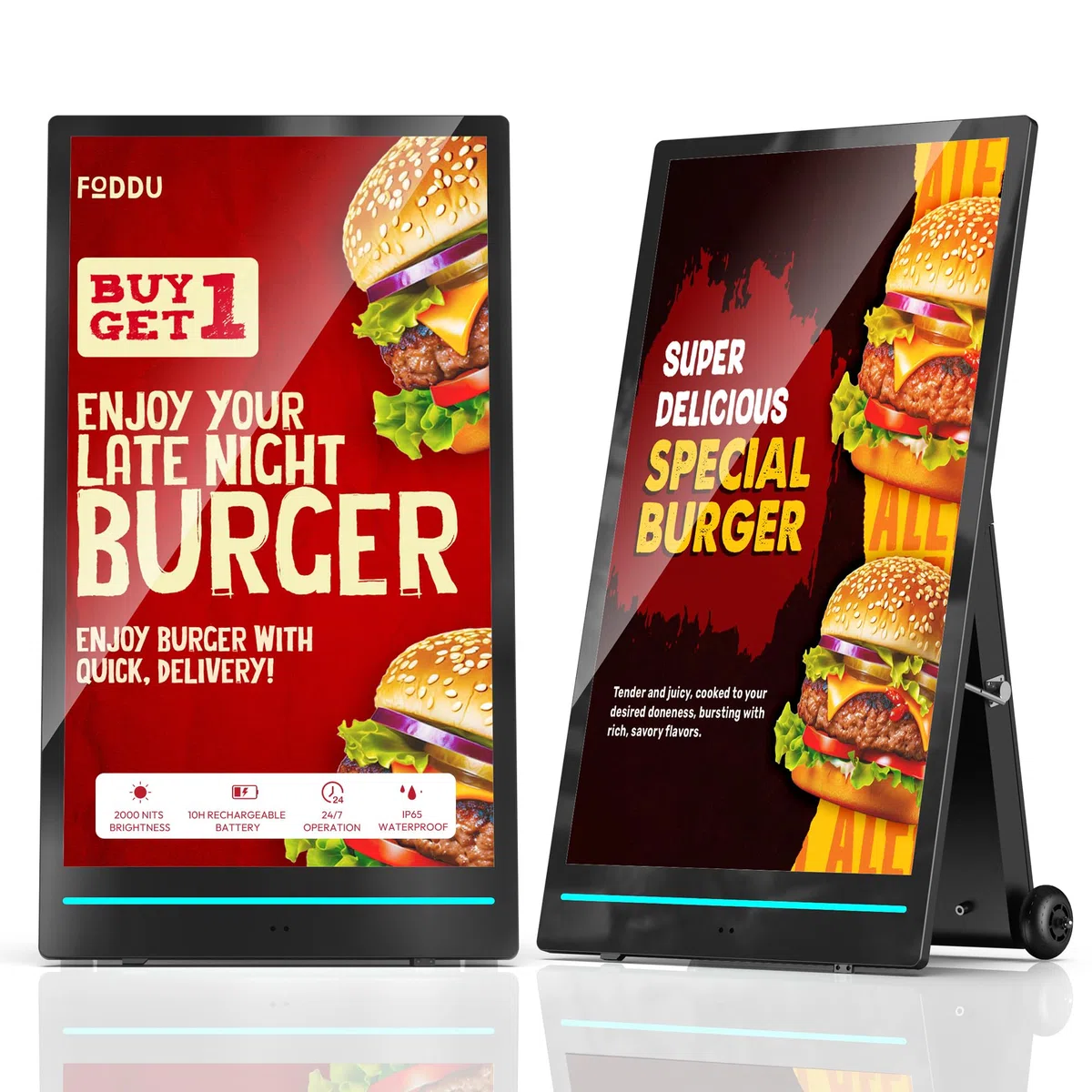 55" Outdoor Digital Customer Stopper, Digital Signage Display with Rechargeable Battery, 2000 Nits High Brightness LCD, IP65 Waterproof Movable Poster Stand with Wheels, für Gastronomie & Retail