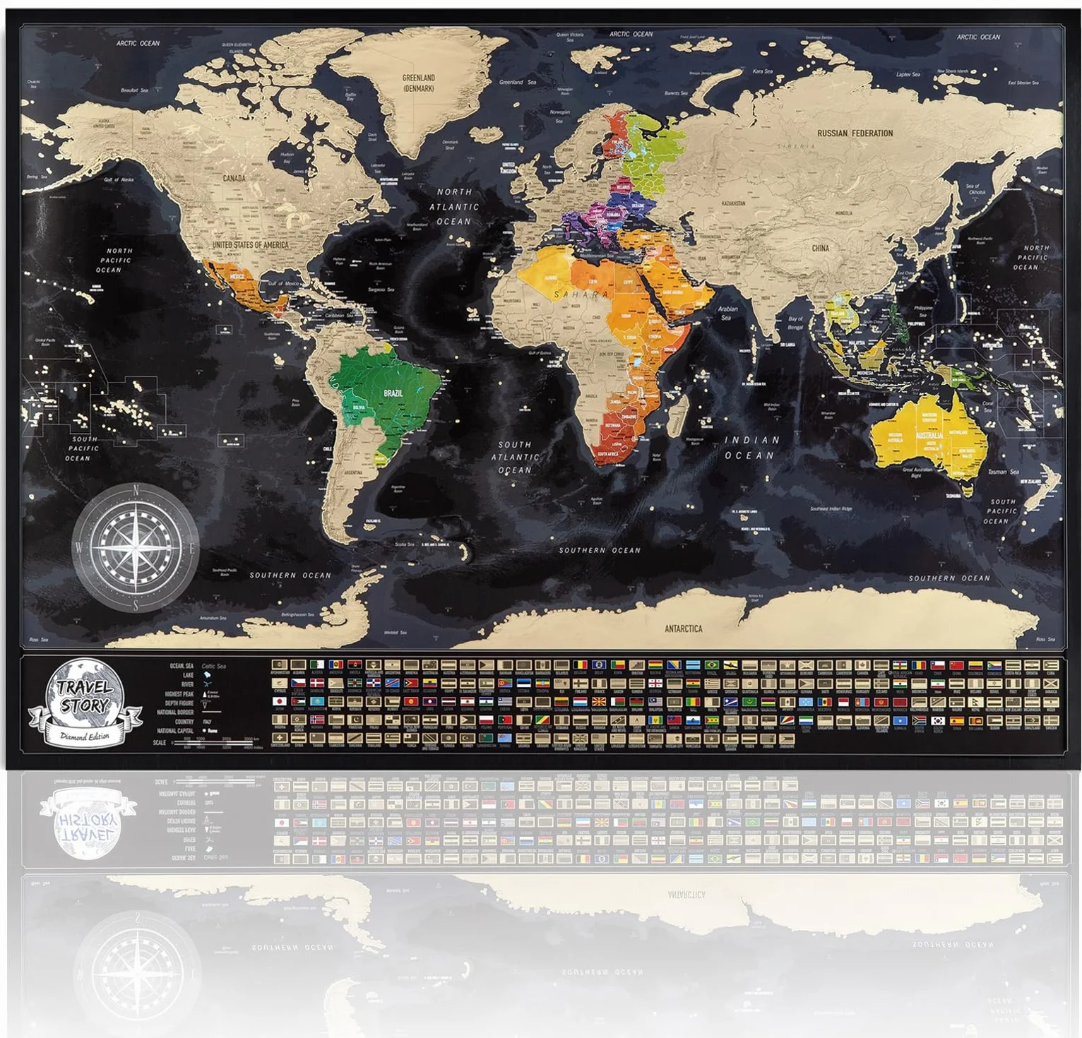 Scratch off World Map - Black Map with Gold Foil, Map size to fit standard Frames, World Map with Country Flags