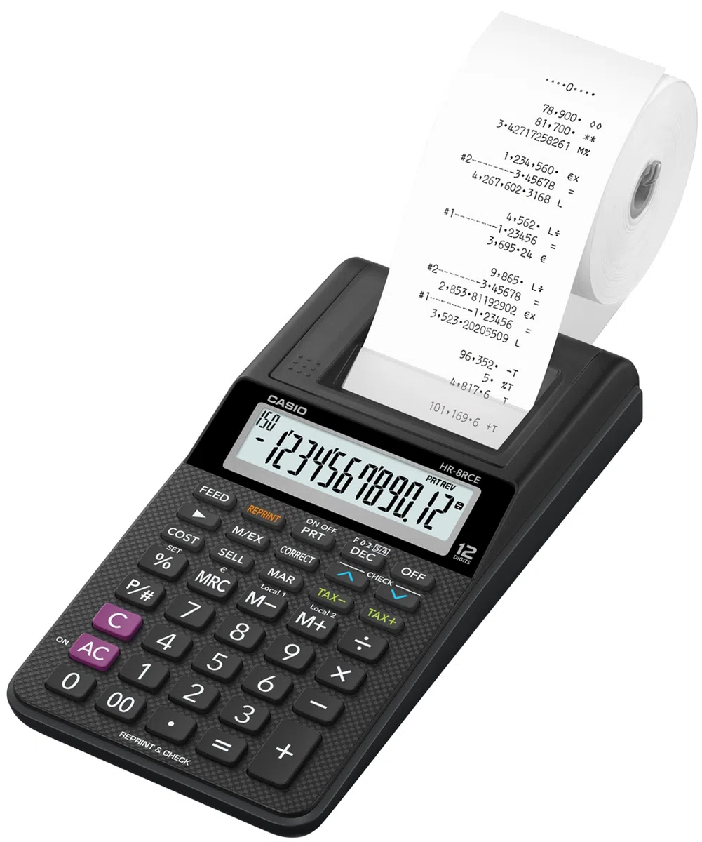 CASIO Druckender Tischrechner HR-8RCE, 12-stellig & GENIE Additionsrollen Ersatz-Papierrollen geeignet für Kassen und druckende Tischrechner 40 lfm 100 prozent Holzfrei 57 x 12 mm, weiß, 5 Stück