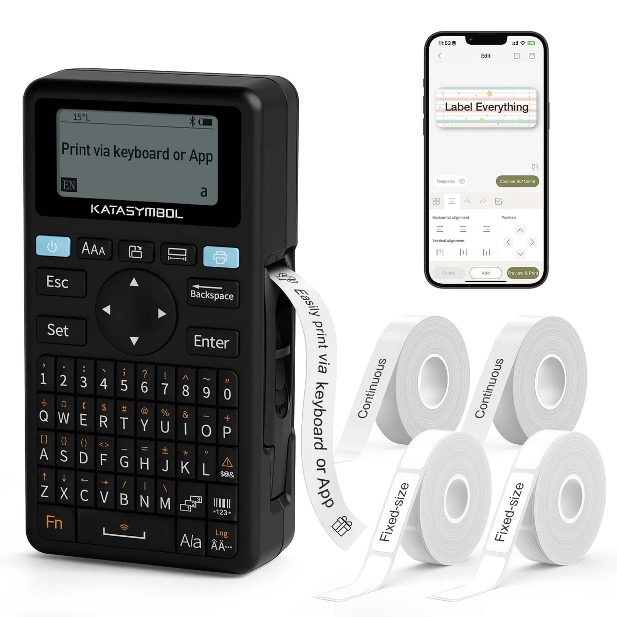 SUPVAN E11 Label Printer, English Layout (QWERTY) Keyboard, with 2 Rolls Continuous Labels + 2 Rolls Fixed-Size Labels, Suitable for School, Office & Home