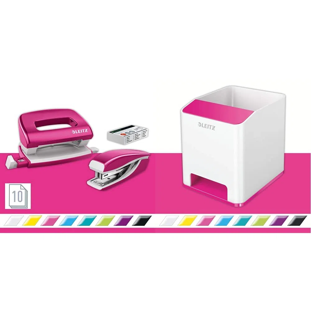 Leitz 55996023 Mini-Heftgerät-und Locher-Set (für bis zu 10 Blatt, Inkl. Heftklammern, WOW) metallic pink & Sound Stifteköcher mit Soundverstärkungsfunktion, Weiß/Pink, Duo Colour, WOW, 53631023
