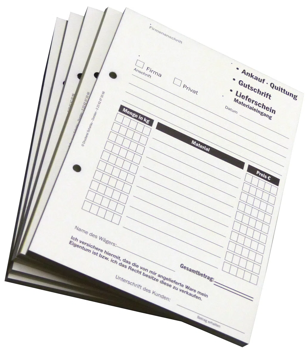 10x Ankaufquittung - Gutschrift - Materialeingang DIN A5, 2-fach selbstdurchschreibend,2x50 Blatt weiß/grün - gelocht (22608)