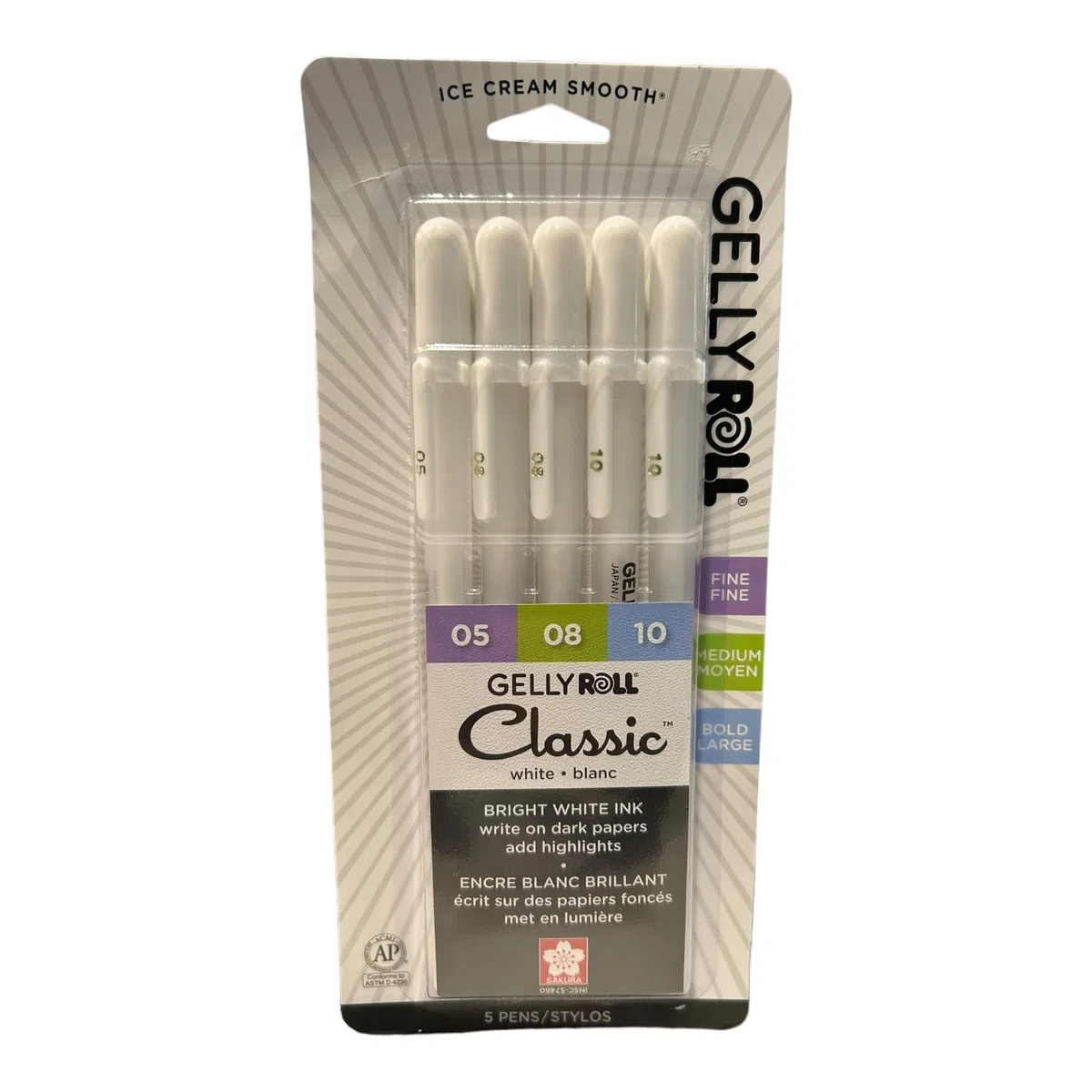 SAKURA Gelly Roll-Gelschreiber, feine, mittlere und kräftige Spitze, für Tagebuch, Kunst oder Zeichnen, hellweiße Tinte, 05/08/10, verschiedene Spitzengrößen, 5 Stück