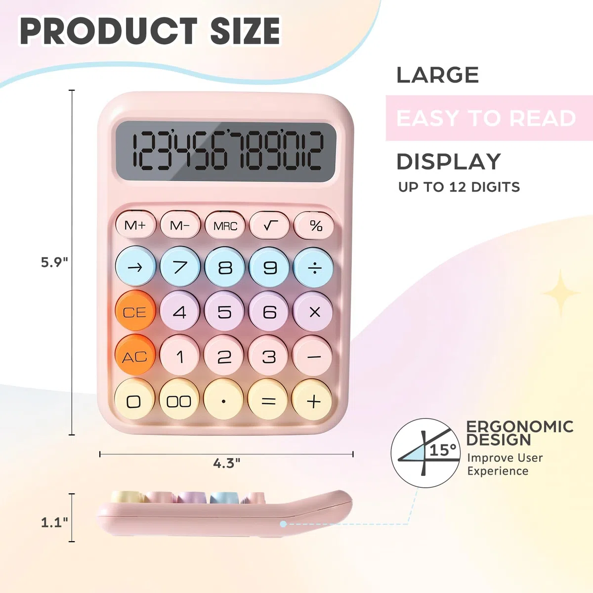 Taschenrechner mit mechanischer Tastatur, 12-stelliges großes Display mit Batteriebetrieb, 4 weiche Pastellfarben für einfache Verwendung im Büro, in der Schule und zu Hause, 8 Stück