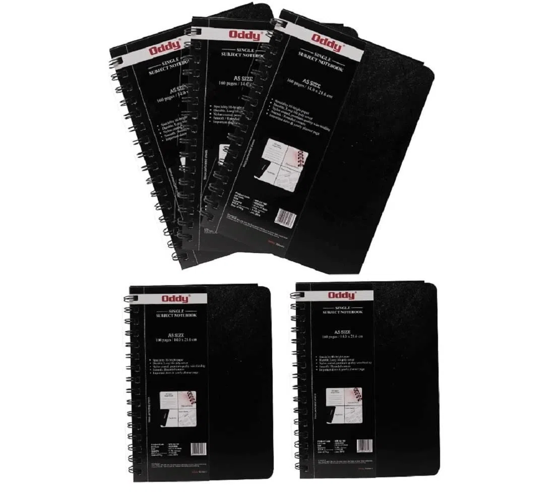 Oddy Spiralbuch, A5-Größe, WR-A5-160, 5 Stück, 160 Seiten pro Notizbuch, beidseitig, liniert, 5 Stück