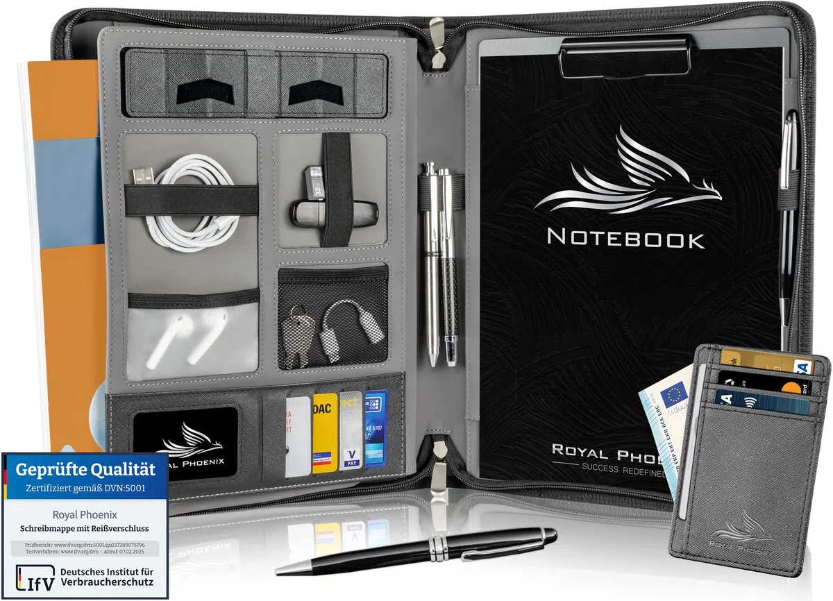 Business Schreibmappe A4 'Eagle' - Hochwertige Dokumentenmappe mit Tablet Halterung - inkl. Kreditkartenetui + EXTRAS - Business Organizer aus hochwertigem Kunstleder Schwarz