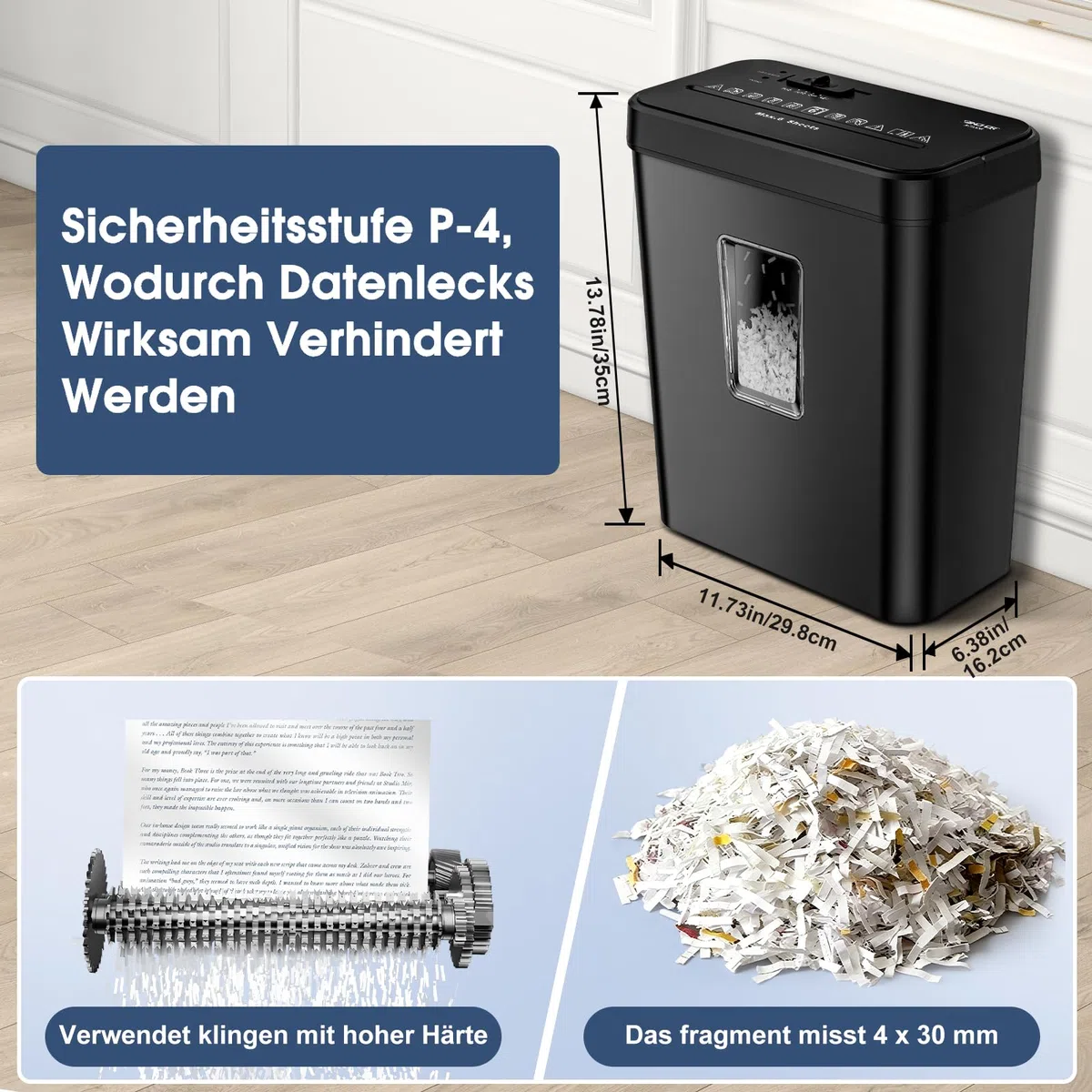 Aktenvernichter, 6-Blatt Kreuzschnitt Papierschredder mit P-4 Geheimhaltungsstufe, 13L Papierkorb mit Sichtfenster und Tragegriff, zerkleinert Kreditkarte, Überhitzungsschutz für Home Office(Schwarz)