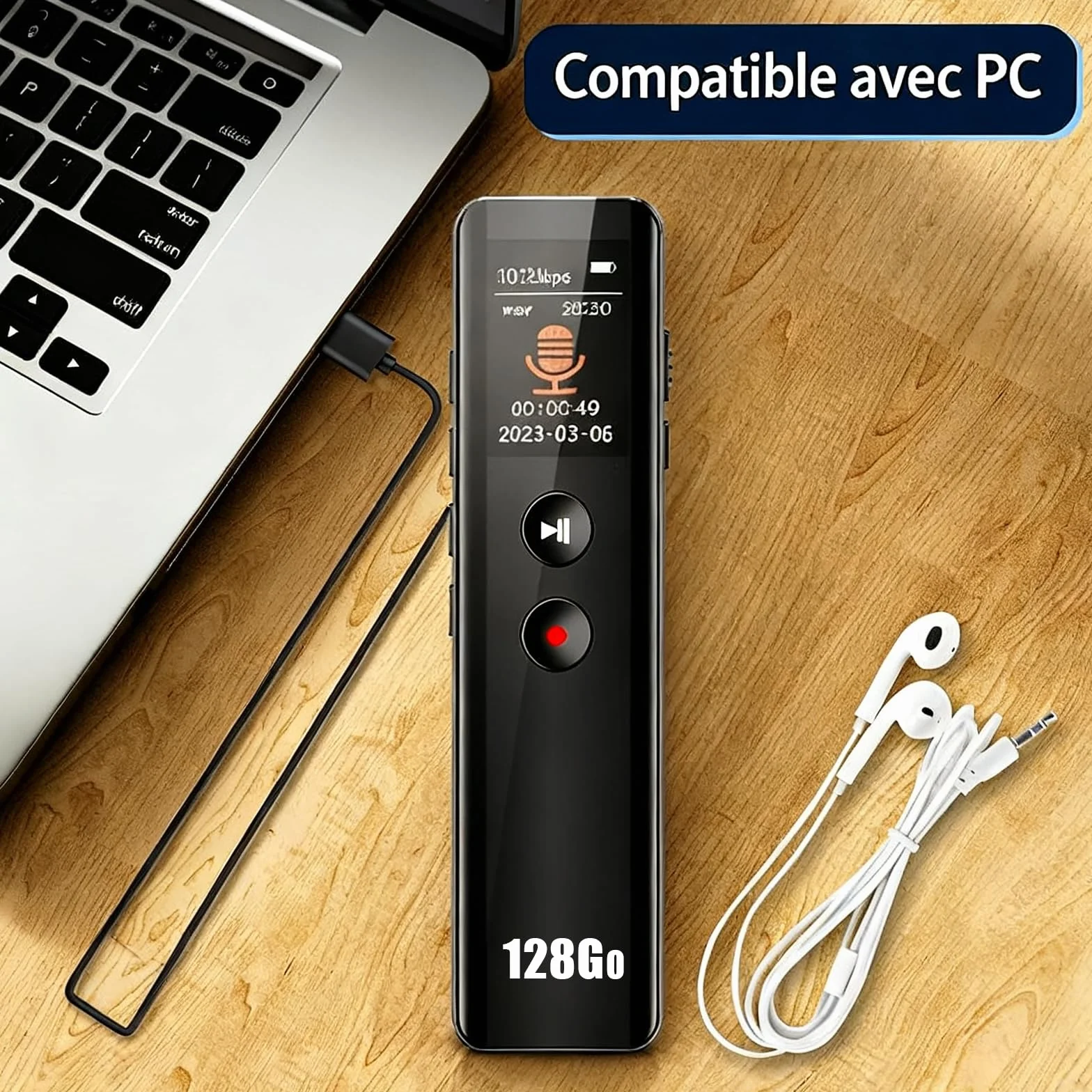 128GB Digitales Diktiergerät mit Wiedergabe,KI Geräuschunterdrückung, Sprachaktivierung, MP3-Player, Passwortschutz, USB-C, Bluetooth-Anrufaufnahme, für Vorlesungen,Meetings,Interviews