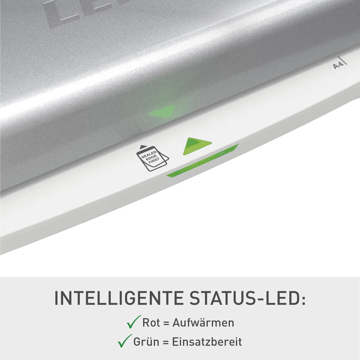 Leitz iLAM A4 Laminiergerät, sehr kurze Aufwärmzeit von 2 Min, 75-125 mic, Smart LED Status, Anti-Stau, Auto-Abschaltung, inkl 5x A4-Laminierfolien, Für Home Office und Büro, Silber und Weiß, 73680089
