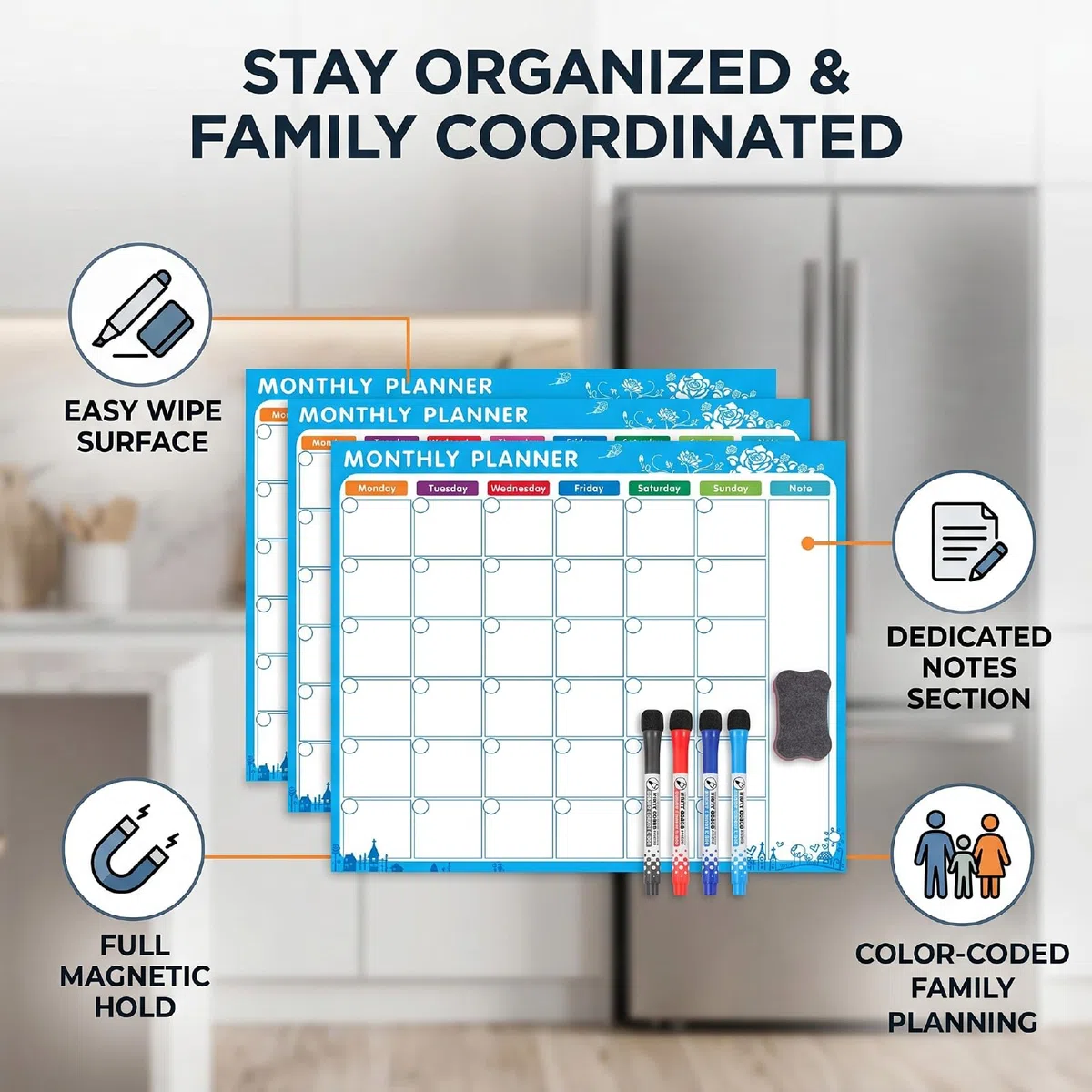 Zerodis 4 Stück Kühlschrankkalender, Starker Magnet, Familienplanungsnabe, Trocken Abwischbarer Magnetischer Kalender, Inklusive 4 Whiteboards, 12 Stiften und (Sets roter, blauer, schwarzer Stift)