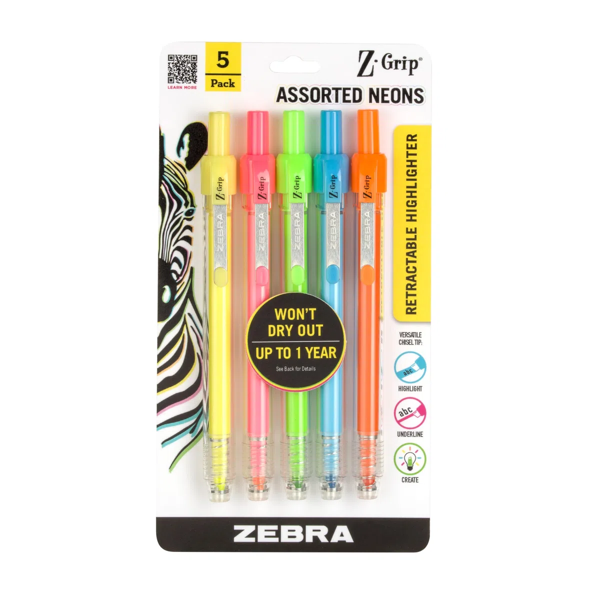 Zebra Pen Z-Grip Textmarker-Set, einziehbar, Keilspitze, verschiedene Neonfarben, 5 Stück