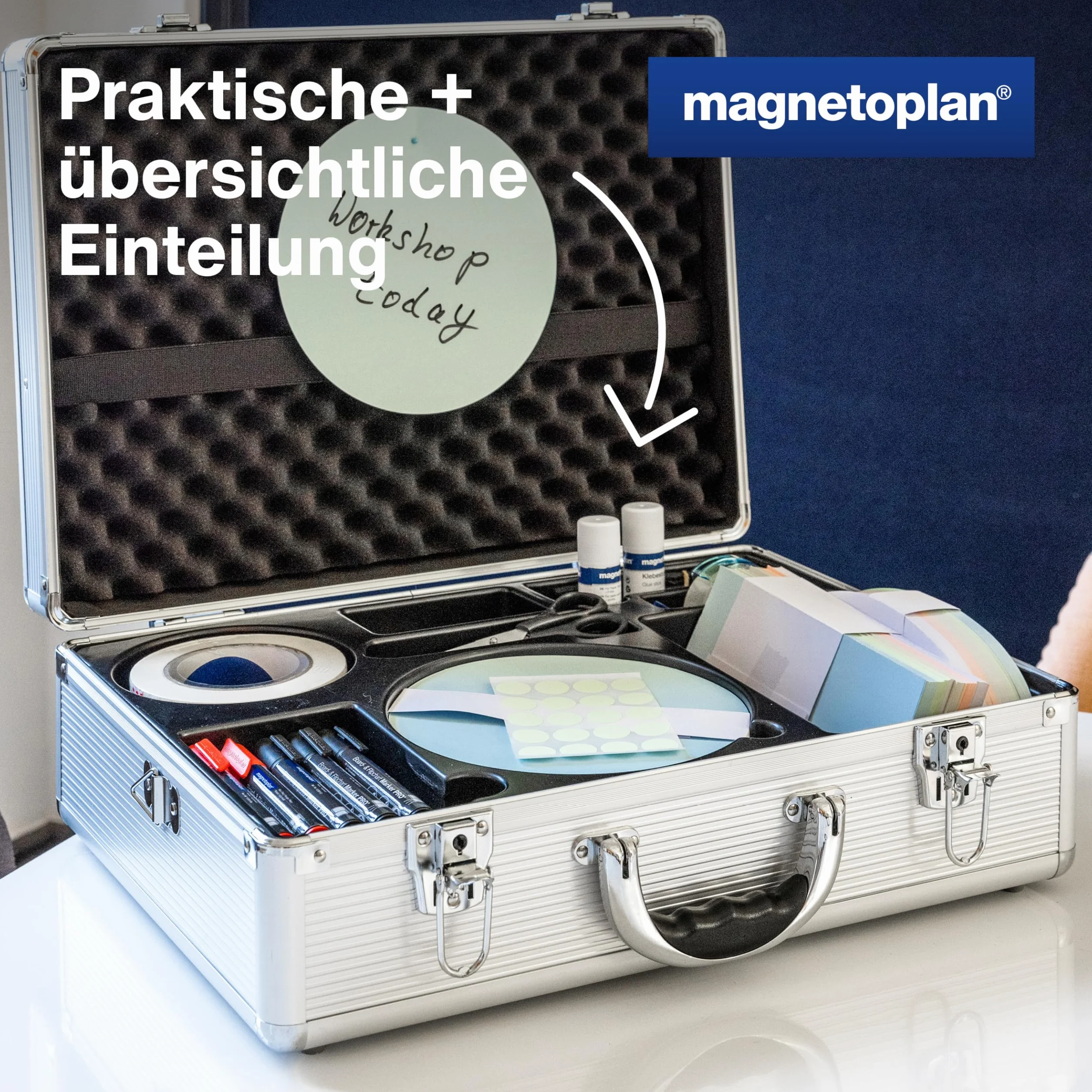 magnetoplan Moderationskoffer l Inkl. 3000 Teile l HxBxT 340x470x165mm l Hochwertiger Aluminiumkoffer, abschließbar l Für Schulungen & Seminare | Hochwertiger Koffer prall, gefüllt l Für Schulung + Seminar | Mit Trageriemen und Griff | HxBxT 340x470x165mm