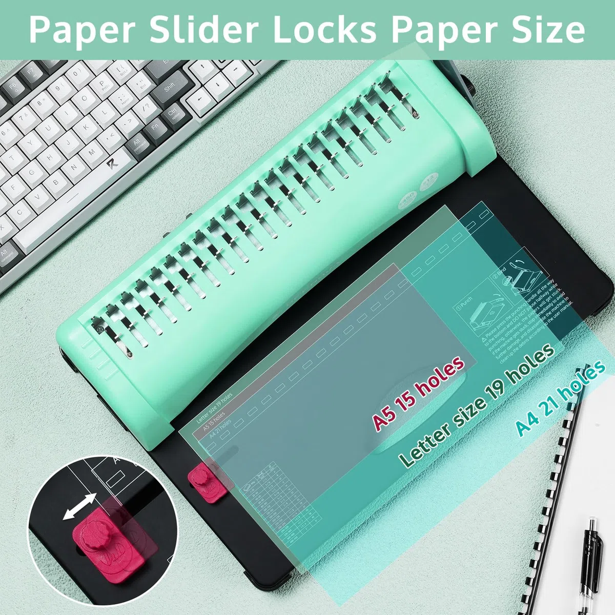 OFFNOVA Bindemaschine 21-Loch 450 Blatt Bindegerät, Spiralbindung Buchbinder Maschine mit Starter Kit Kamm Bindung Stacheln, für tägliche Office-Dokumente