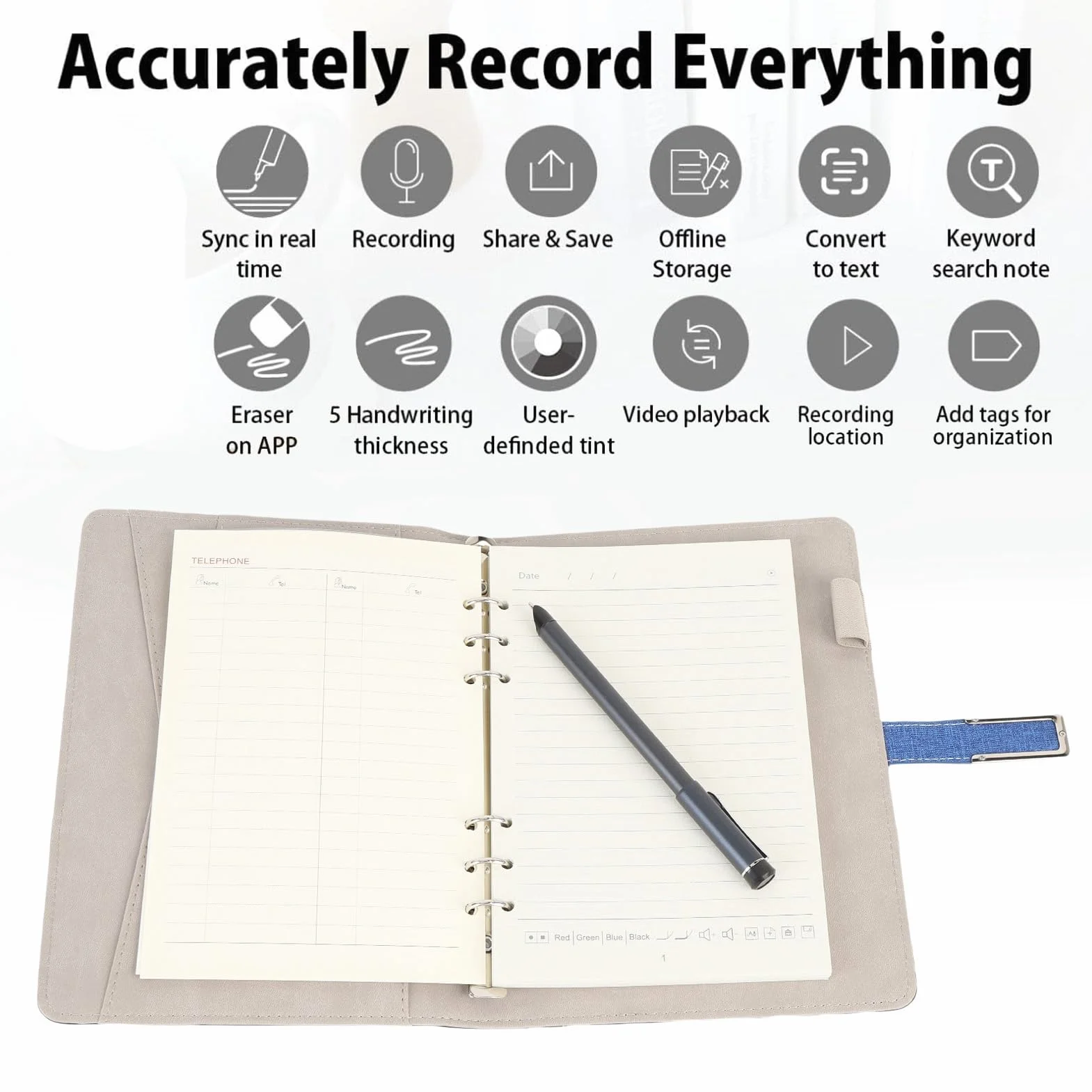 Asixxsix Bluetooth Digital Smart Pen Notebook -Set, Echtzeitsynchronisierung für die Digitalisierung, Umwandlung in Text-, Speichern- und Teilen von Papiernoten, Zum Lernen, Büro, (BLUE)