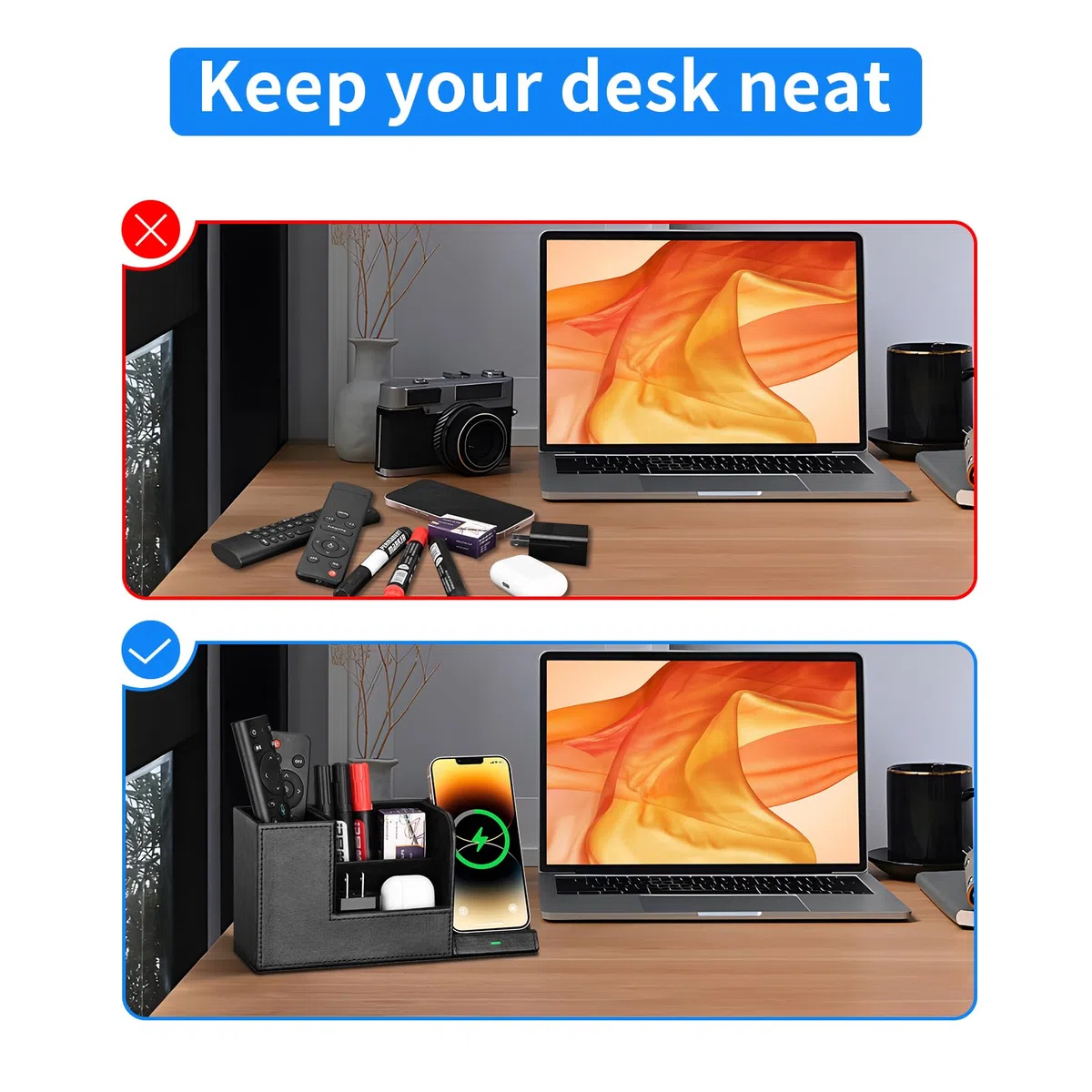 GORESE 2 in 1 Stiftehalter Schreibtisch Organizer mit Schnelles kabelloses Ladegerät, Büro Organizer bürobedarf 10W Induktive Ladestation für iPhone15 14 13 12Pro Max Samsung Galaxy S23/S22/S21/S20/S9