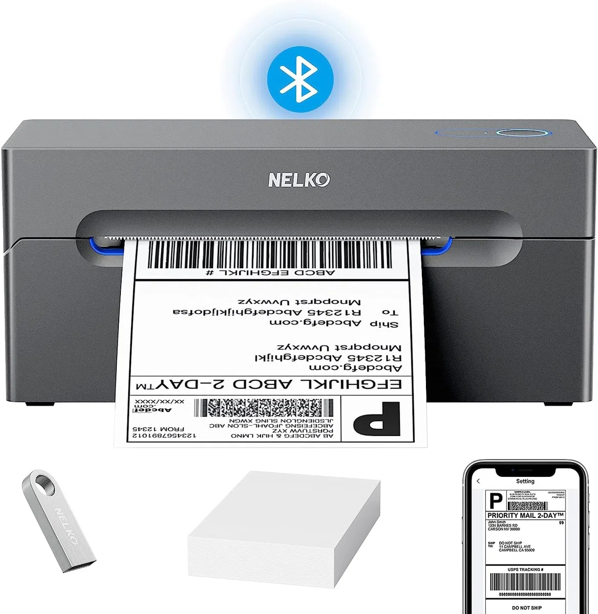 Nelko Bluetooth DHL Label Printer, Label Printer 4x6 Shipping Labels Printer Bluetooth Thermal Printer for Shopify Zalando Ebay Amazon UPS, Supports Android/iOS and Windows/Mac/Chrome （Grau）