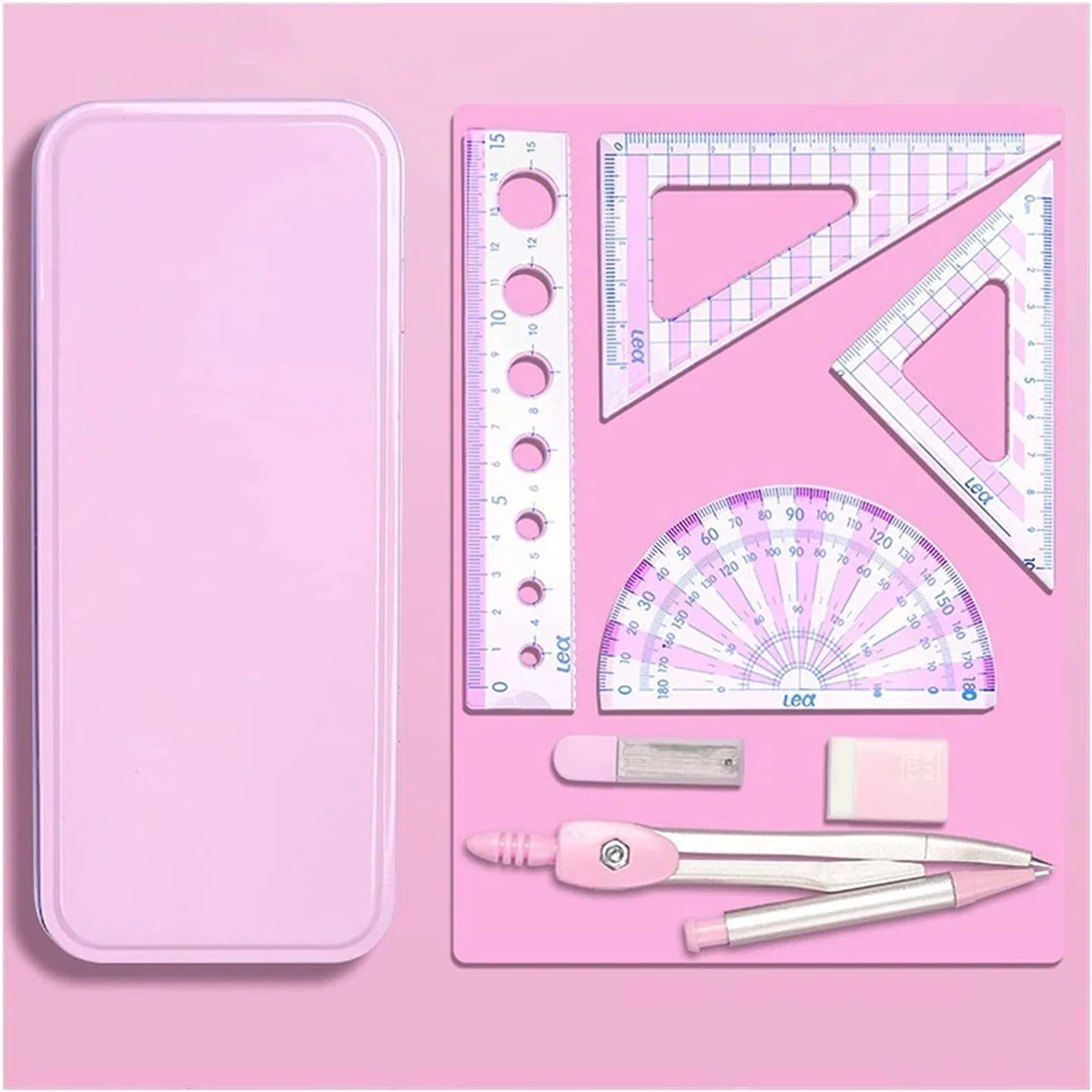 AKAZI Kompass-Set Multifunktionale Kompasse – Zirkel Lineale Radiergummi Mathe-Set Schule Zeichenwerkzeug-Set for Studenten Büromaterial (7PCS) Geometrie-Set (Color : Pink) (Pink)