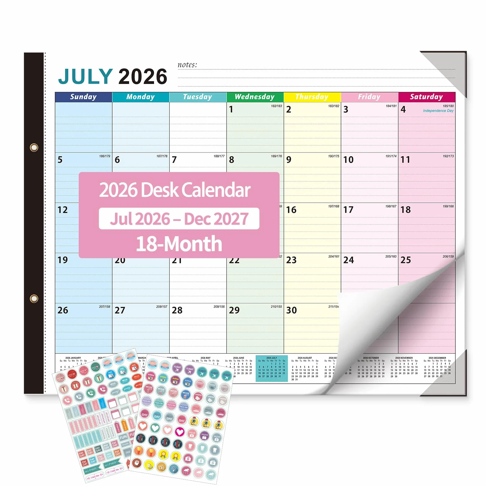 Großer Tischkalender 2026–2027 – Ougesi 18-Monats-Schreibtischkalender 22 x 17 Juli 2026 – Dezember 2027, akademischer Tischkalender groß mit Schutzecke, Aufkleber für Büro, Schule und Zuhause (bunt)