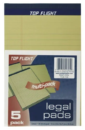 Top Flight Legal Blöcke, 12,7 x 20,3 cm, Lineal, Kanarienvögel, 50 Blatt pro Block, 5 Pads pro Packung (4513105)
