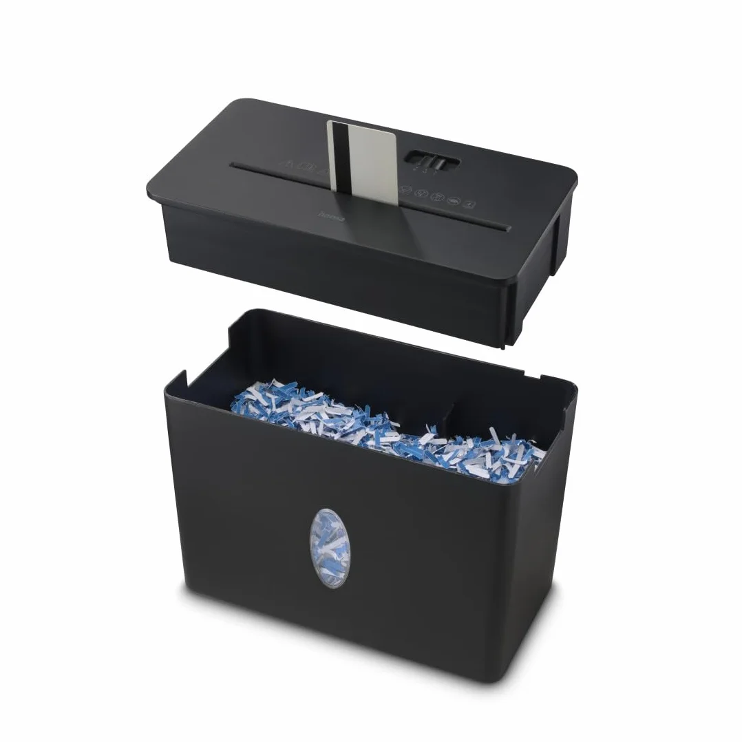 Hama Aktenvernichter P4 T4 E3 (Papierschredder mit Sicherheitsstufe, DSGVO konform, mit Einzug, auch für Plastikkarten, Aktenschredder Kreuzschnitt, inkl. 8l Papierkorb mit Sichtfenster) schwarz