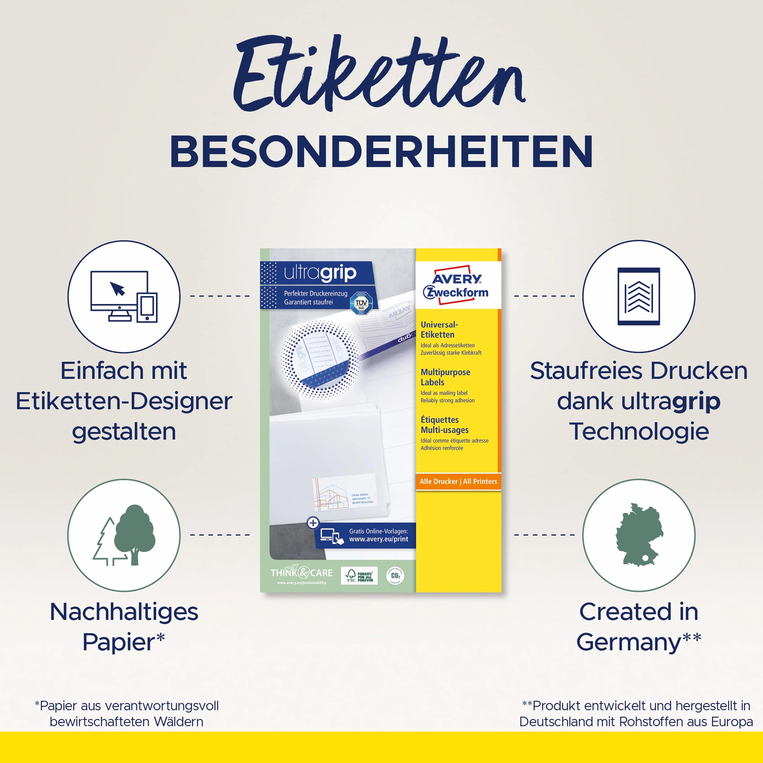 AVERY Zweckform 3425 Adressaufkleber (1.000 Klebeetiketten, 105x57mm auf A4, Papier matt, individuell bedruckbare Absenderetiketten, selbstklebende Adressetiketten mit ultragrip) 100 Blatt, weiß