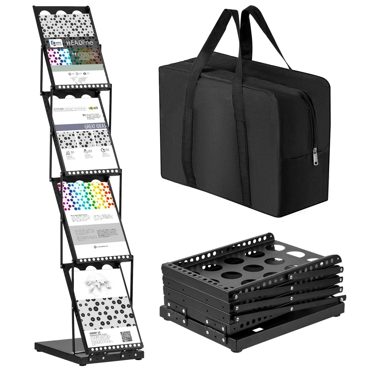 Tatuo 1 Stück Faltbarer Zeitschriftenständer Metall Katalog Literaturständer Tragbar 4 Taschen mit Tragetasche Prospektständer Literaturständer Display Halter Ständer für Ausstellung Messe