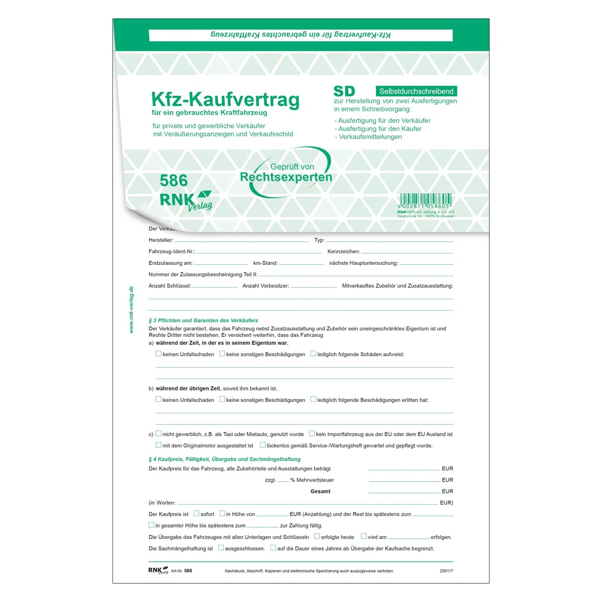 Kaufvertrag universal für gebrauchte Fahrzeuge 4-fach SD 10er Pack