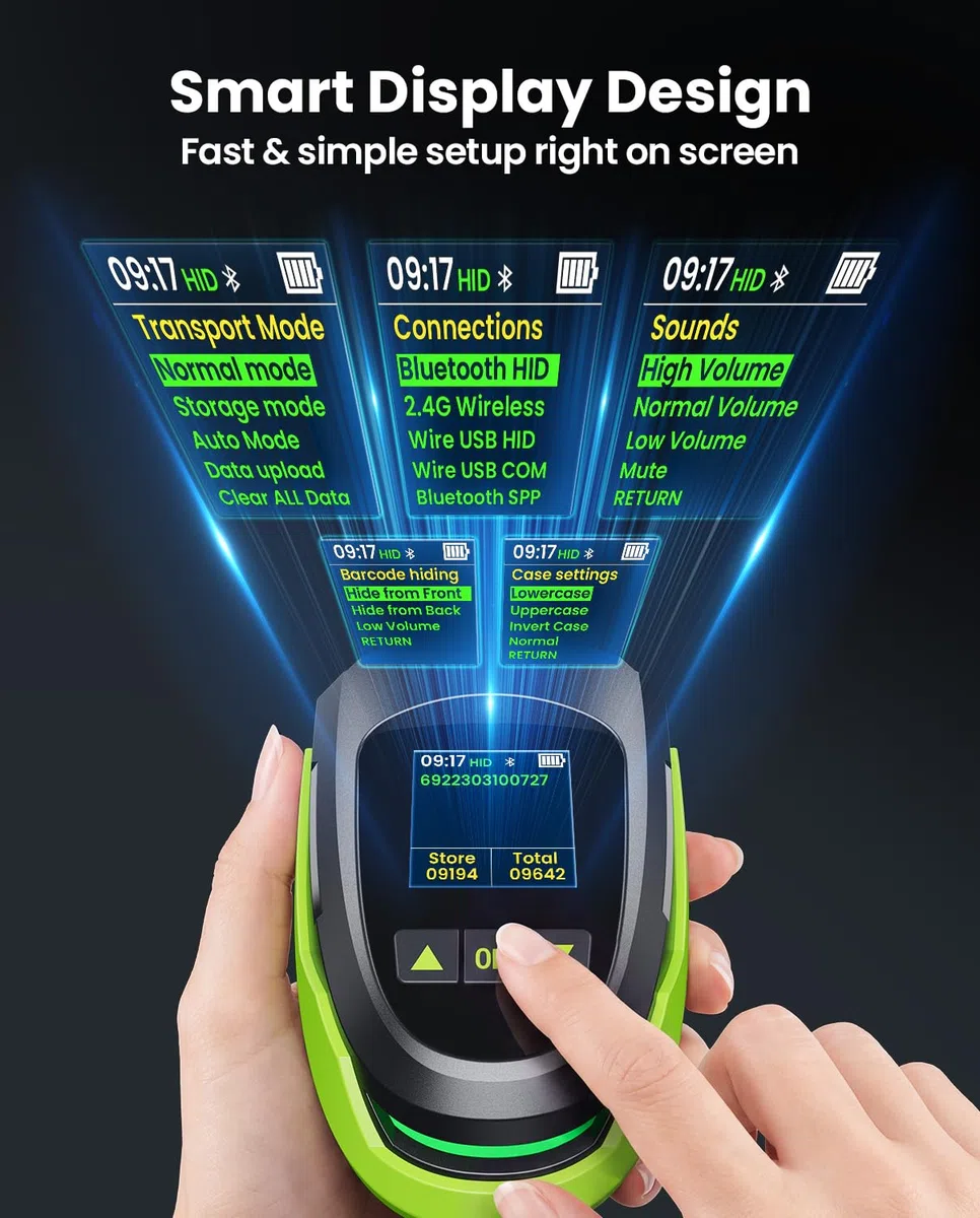 Eyoyo Barcode-Scanner kabellos mit Bildschirm: Pro 1D 2D QR Bluetooth-Scanner, Wandhalterung mit Ladestation und Verriegelung, 2900 mAh austauschbarer Akku, 1,44-Zoll-LCD-Tastatur