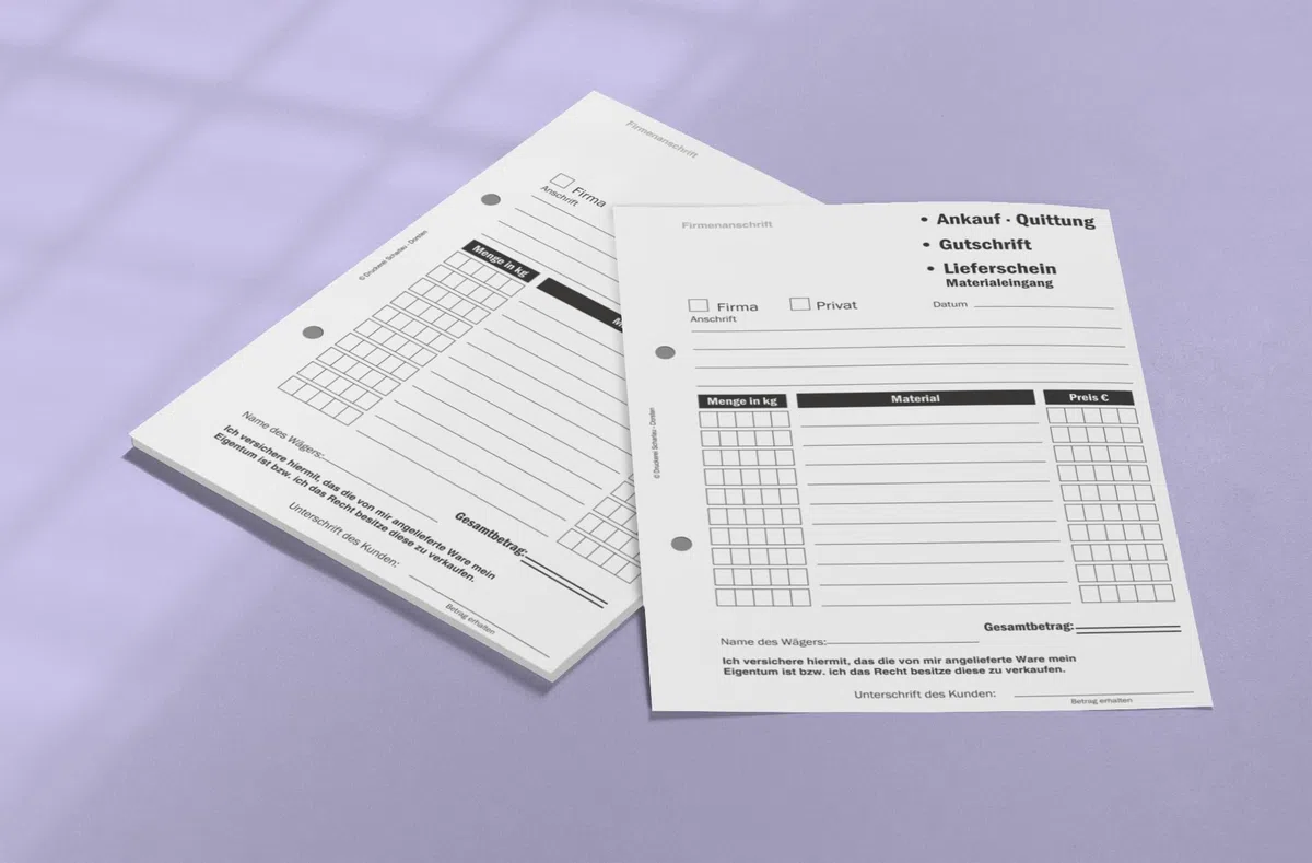 10x Ankaufquittung - Gutschrift - Materialeingang DIN A5, 2-fach selbstdurchschreibend,2x50 Blatt weiß/grün - gelocht (22608)