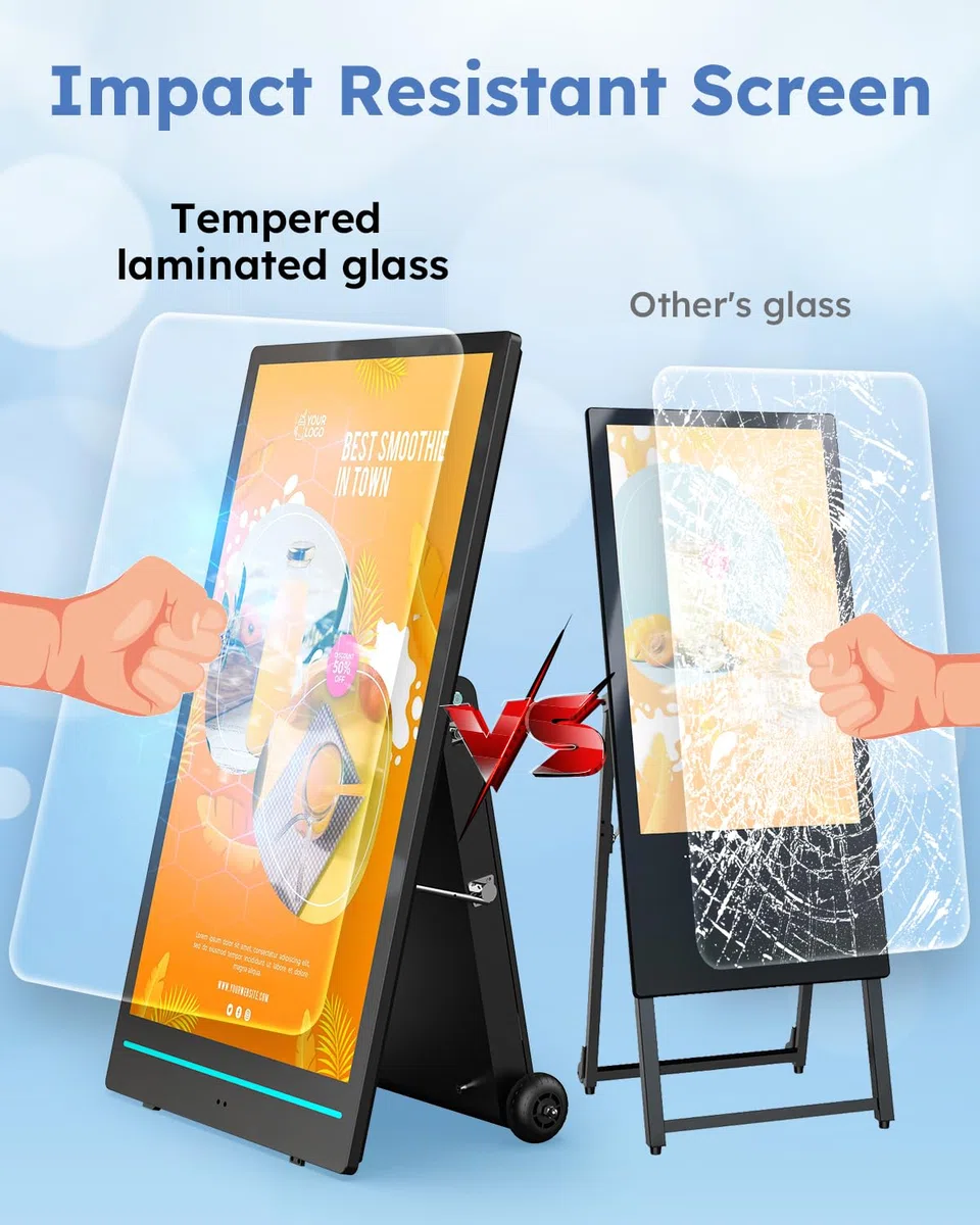 55" Outdoor Digital Customer Stopper, Digital Signage Display with Rechargeable Battery, 2000 Nits High Brightness LCD, IP65 Waterproof Movable Poster Stand with Wheels, für Gastronomie & Retail