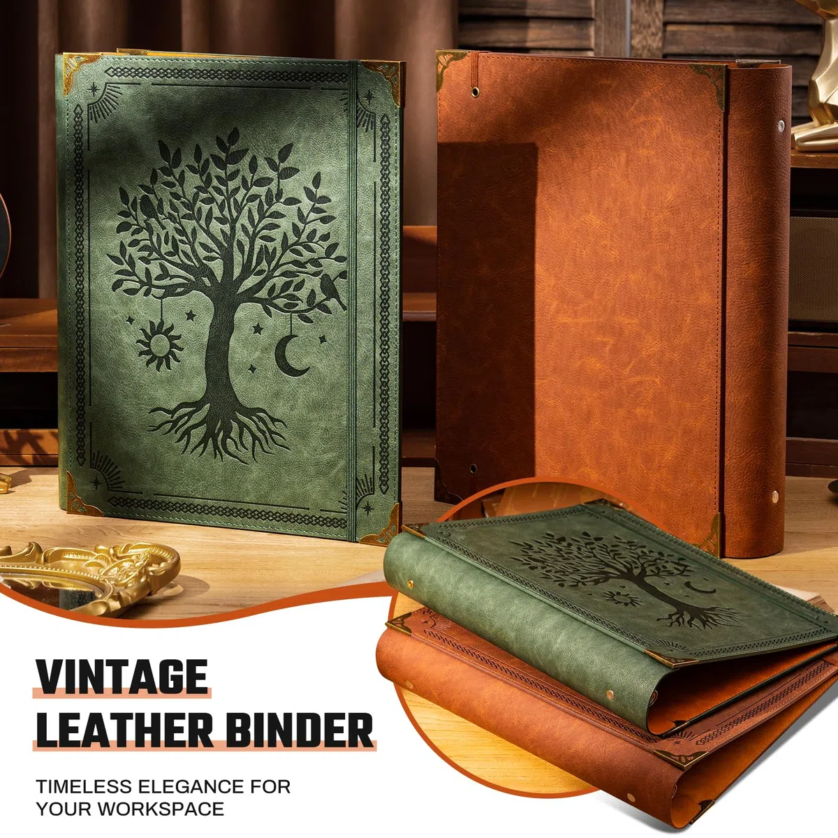 Ovesmusl 3-Ringbuch aus PU-Leder, passend für Papier im Letter-Format (21,6 x 27,9 cm), 5,1 cm runder Ringordner für 500 Blatt, Notizblock-Papiereinband, Loseblatt-Organizer, Grüner Baum