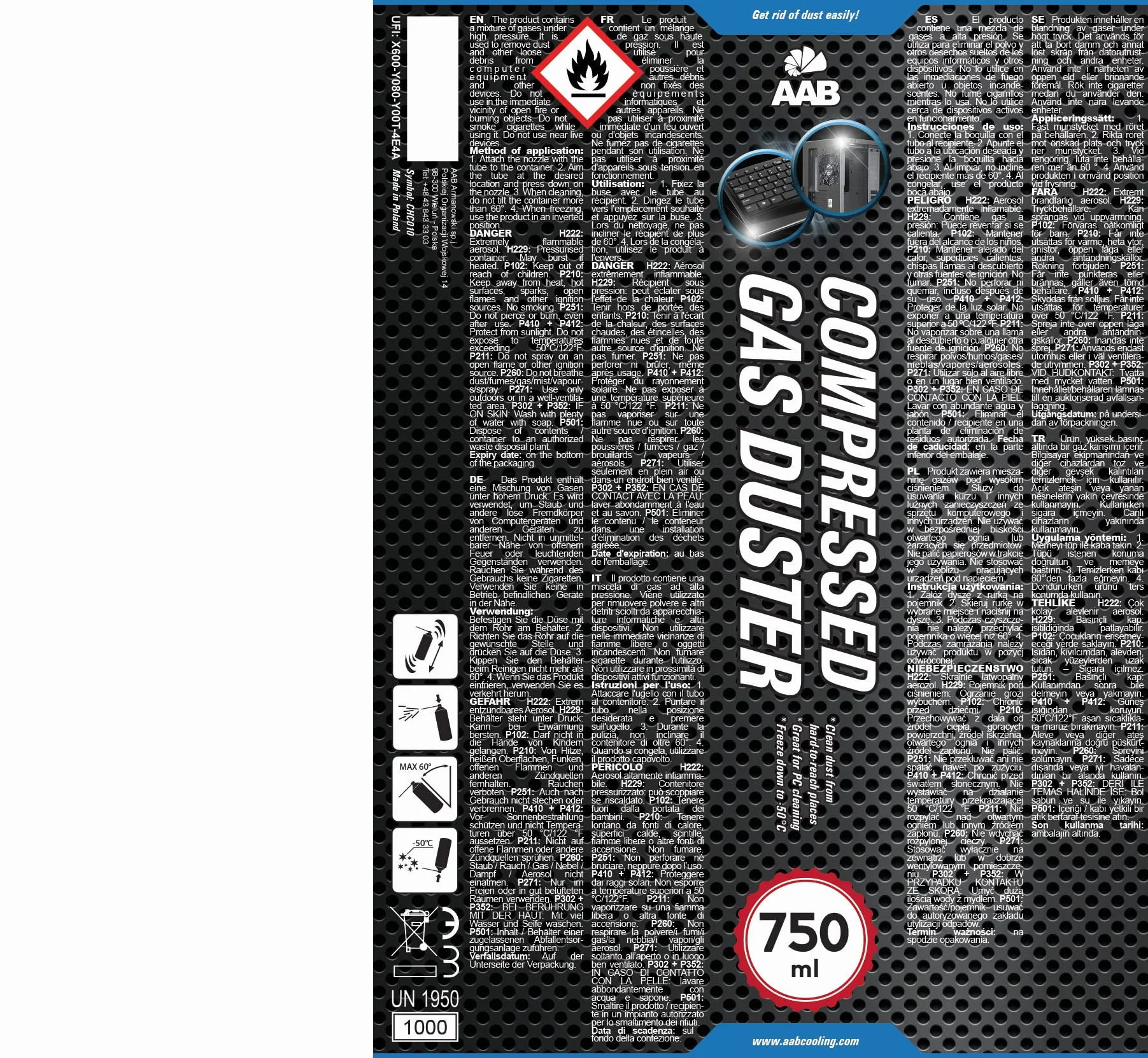 AABCOOLING Druckluftspray 10 x 750ml, Druckgasreiniger, Druckluft aus der Dose für die Reinigung von Tastatur, Bildschirmen, Spielekonsolen, Kopierer, Luftdruckspray, Reinigungsspray