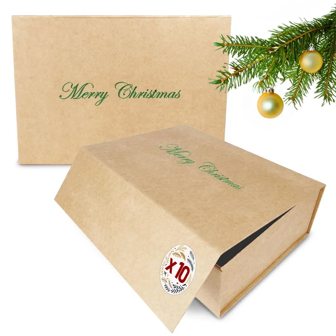 Geschenk-Box Weihnachten (10 Stk.) | 31x22x10 cm | Geschenk-Karton mit Deckel & Magnet-Verschluss für Weihnachtsgeschenke | Weihnachtsverpackung mit Aufschrift 'Merry Christmas' Grün