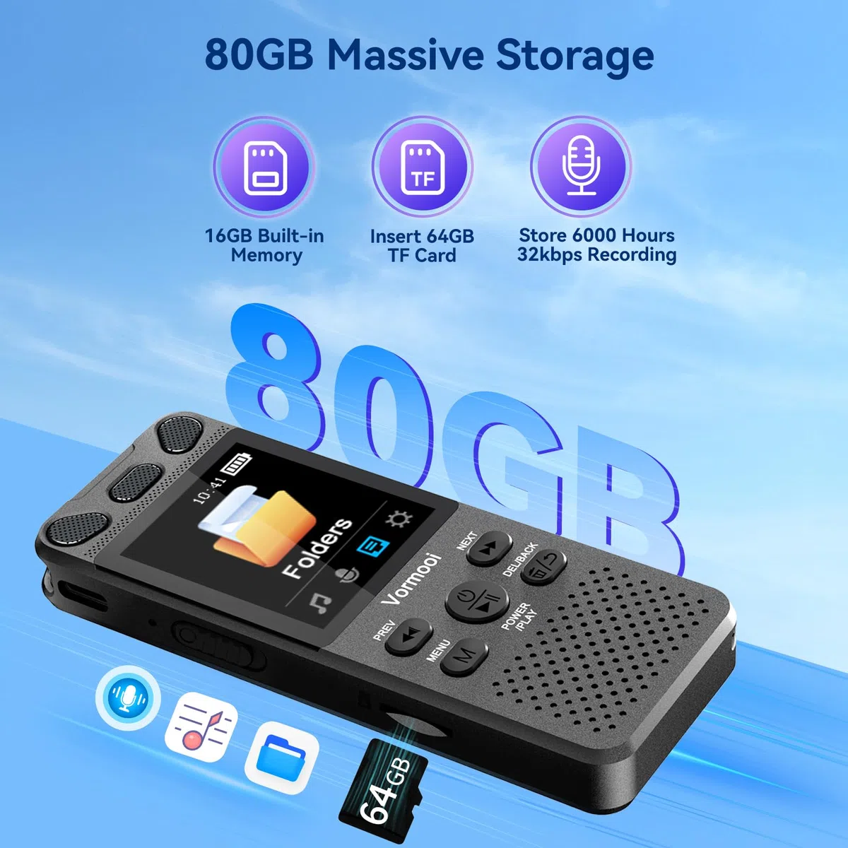 80 GB 110 Stunden professioneller Sprachrekorder Vormooi | 2,15 Zoll Bildschirm Farben, externes Mikrofon, Sprachaktivierung, digitaler Audio-Rekorder, Konferenzunterricht