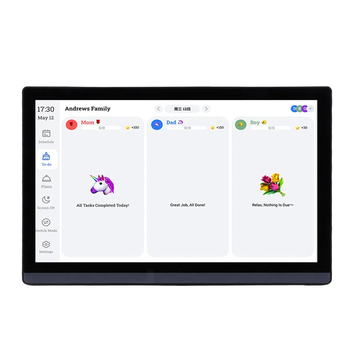 Elektronischer 17,3-Zoll-HD-Touchscreen-Kalender mit Farbcodierten Aufgaben für Einfache Verwaltung und Essensplanung. Horizontaler Intelligenter Familienplaner für Vielbeschäftigte Eltern