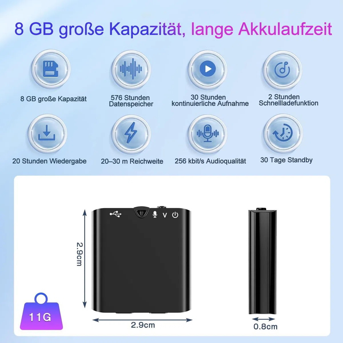 Mini Diktiergerät mit eingebautem Magnet, 8G Ultradünn nur 0,95cm, Sprachaktivierung & DSP-Rauschunterdrückung, One-Touch-Aufnahme, Tragbares Aufnahmegerät für Meetings, Interviews