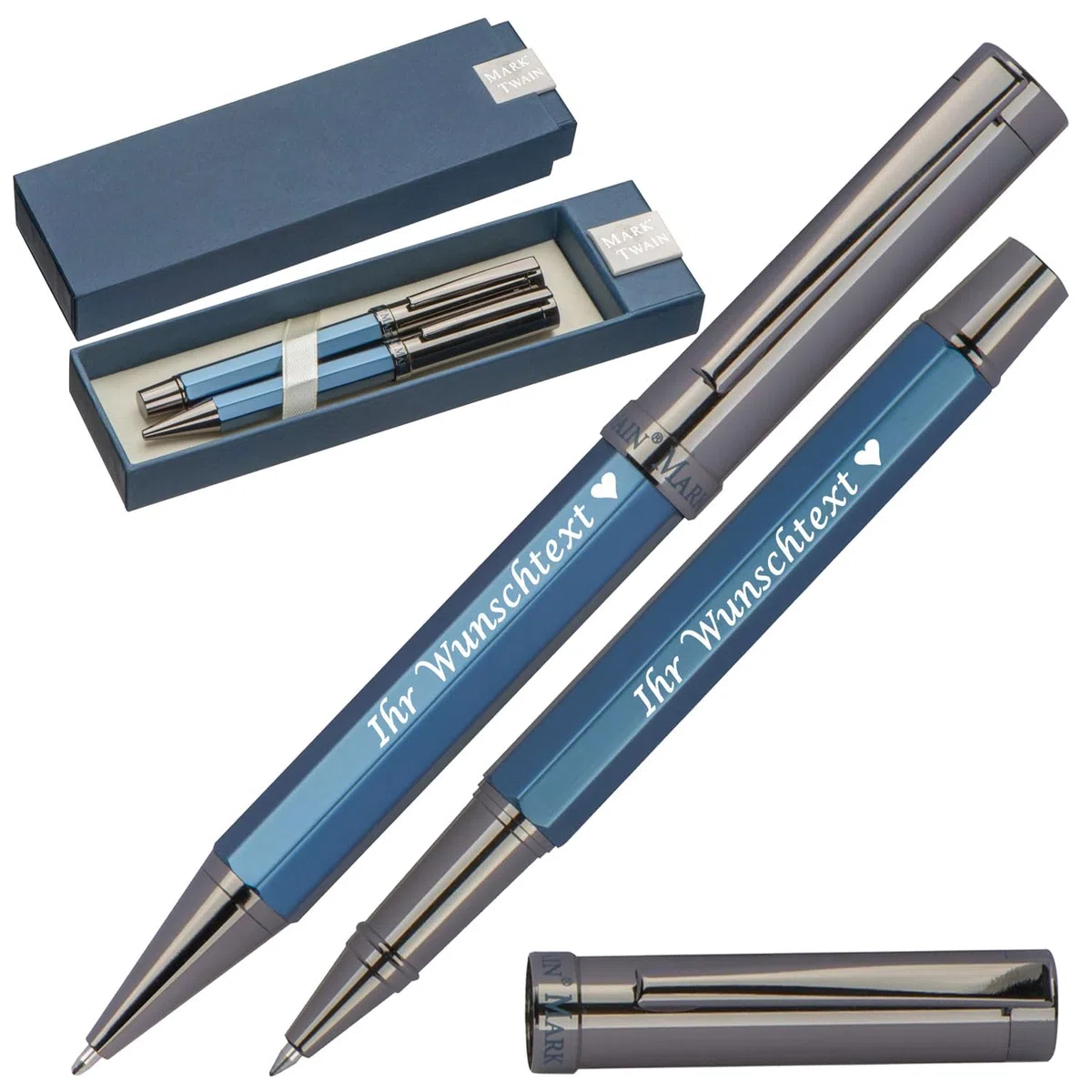 Mark Twain Schreibset mit Gravur | Kugelschreiber & Rollerball | blau schreibend | hochwertiges Metall | personalisierte Kullis | Gravierter Kugelschreiber mit Name | Wunschgravur