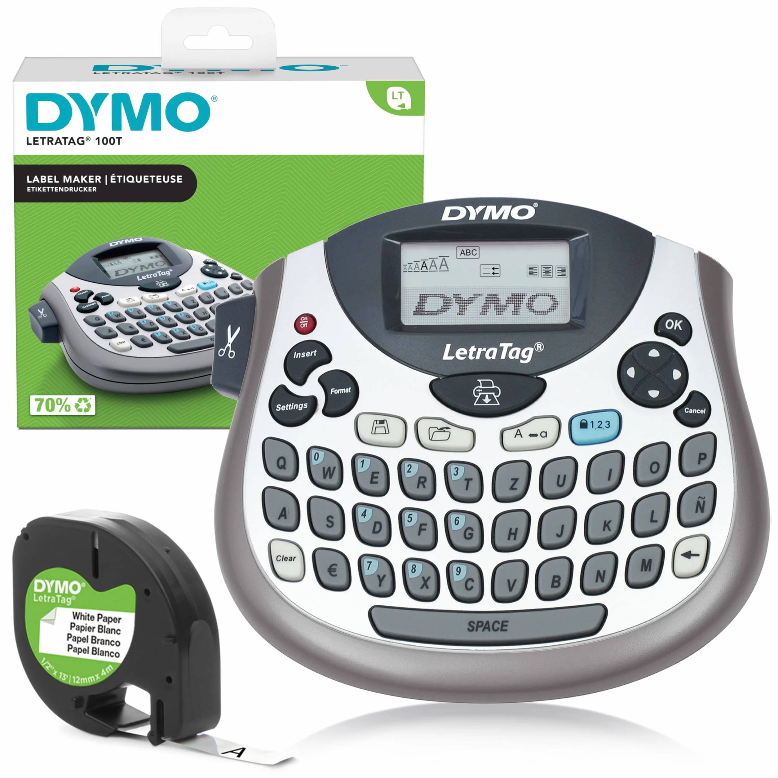 DYMO LetraTag LT-100T Beschriftungsgerät | Tragbares Etikettiergerät mit QWERTZ Tastatur | Silber | Ideal fürs Büro oder zu Hause