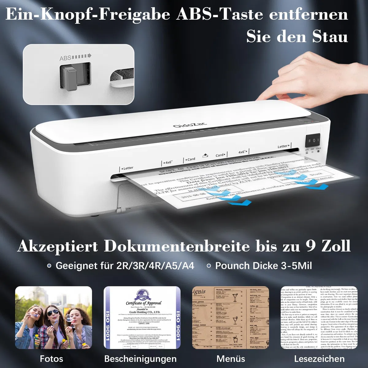 Thermolaminiergerät für A4-Größe, A4 Laminiergerät, 11 in 1 Thermolaminiergerät mit 36 Laminierfolien, Kalt-Heiß-Laminiergerät, 3 Schneideköpfe und integrierter Trimmer für Schule, Heim und Büro